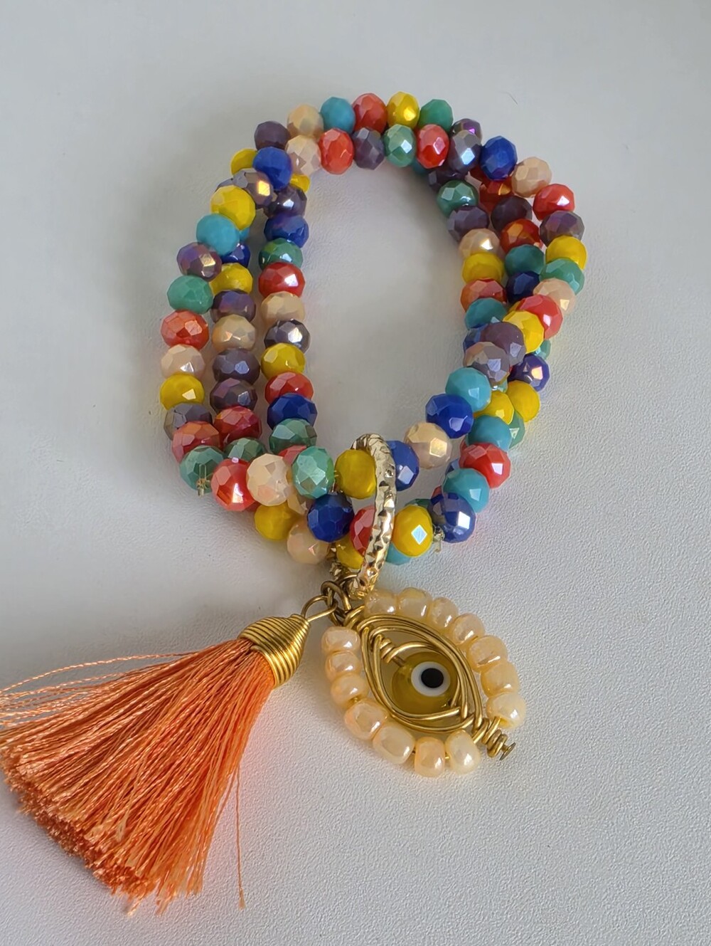 Handmade Multicolor Beaded Bracelet Evil Eye Charm Tassel